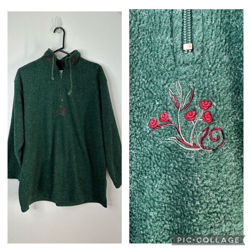 90s Victorias Secret Country Green Fleece Rose Embroidered Oversize Pullover Med